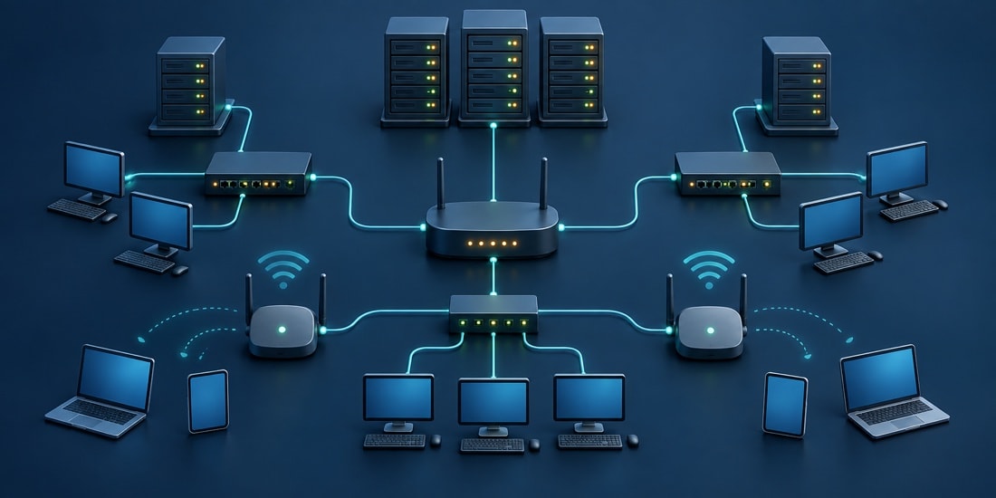 Nodi di rete e server collegati da percorsi cablati e archi wireless