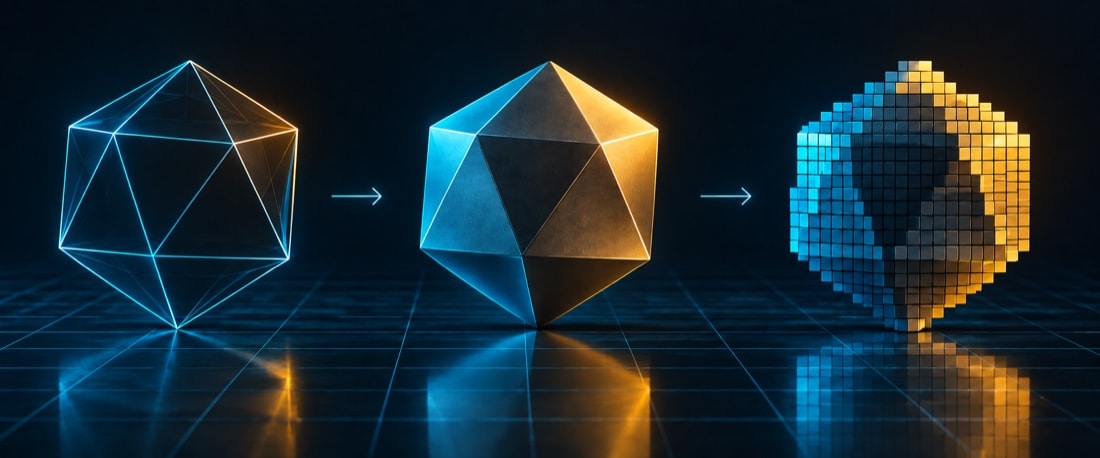 Tre forme geometriche che mostrano una trasformazione ordinata nel tempo