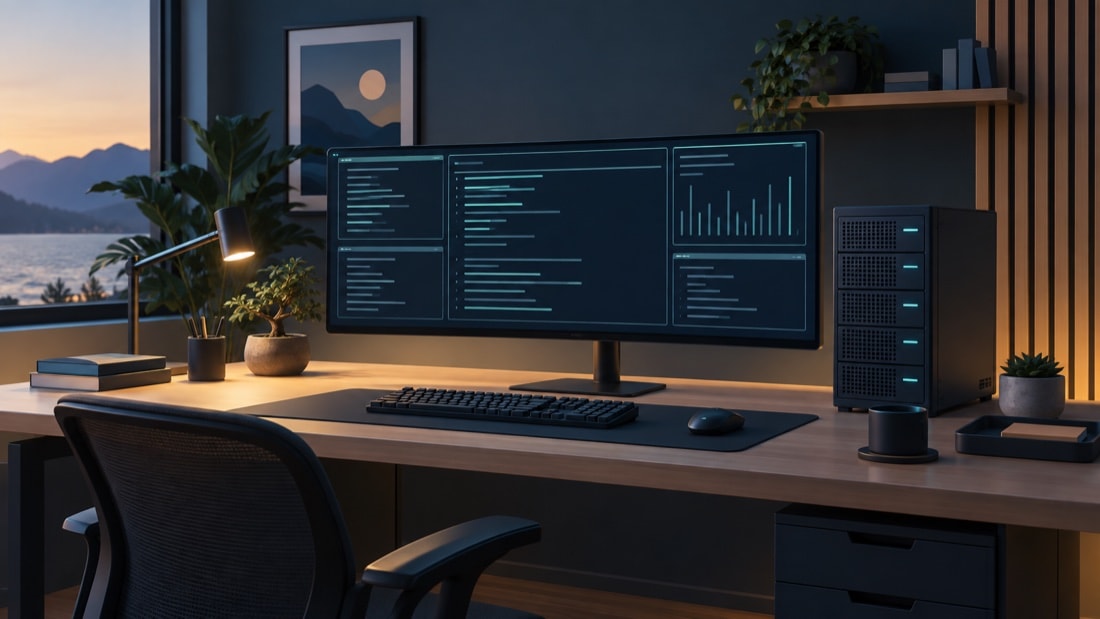 Postazione tecnica con monitor, terminale astratto e server da scrivania