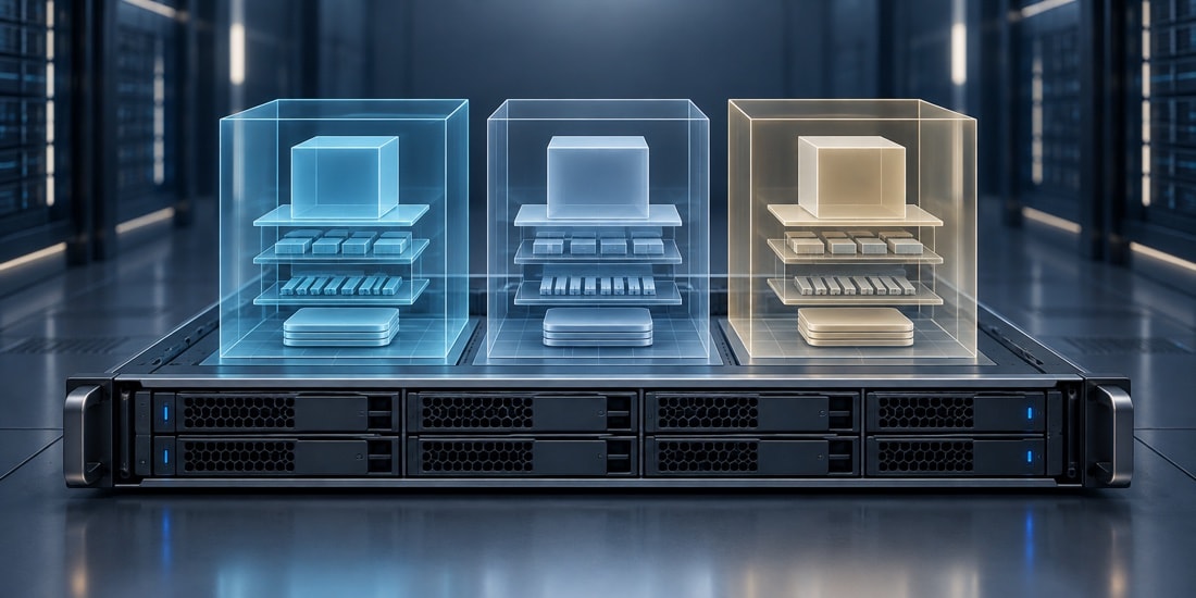 Server con ambienti virtuali isolati rappresentati da livelli traslucidi